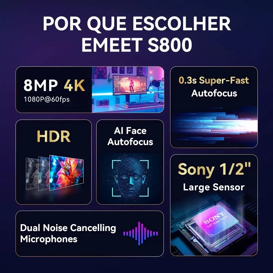 Imagem 3 de 4 do produto Webcam Emeet S800 4k Hdr Usb Para PC - Sensor Sony, Autofoco Pdaf + Tof, 60fps, Microfone Duplo