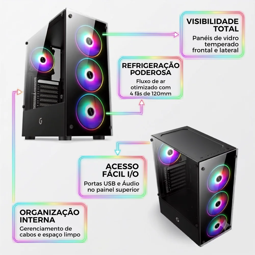 Imagem 4 de 5 do produto Gabinete Gamer R61b Black Atx Com Fans RGB 120mm Brx