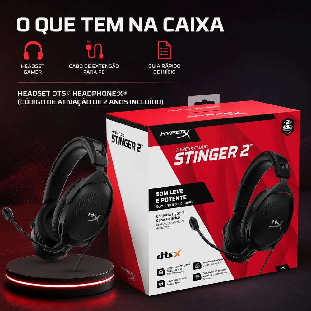 Imagem 2 de 5 do produto Headset Gamer Com Fio Hyperx Cloud Stinger 2 Para WINDOWS E PC Com Dts-x, P3, Driver De 50mm
