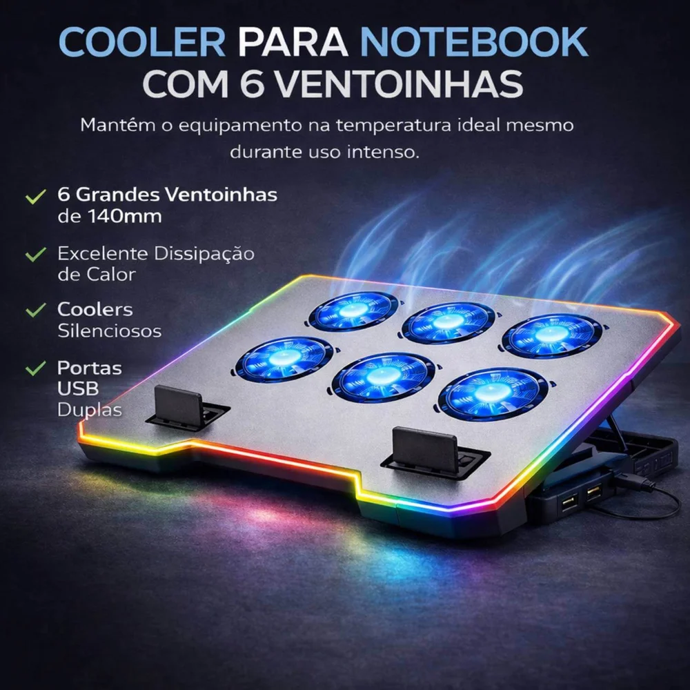 Imagem 2 de 5 do produto Cooler Para Notebook Até 17" Com 6 Ventoinhas RGB Suporte Para Celular E Usb