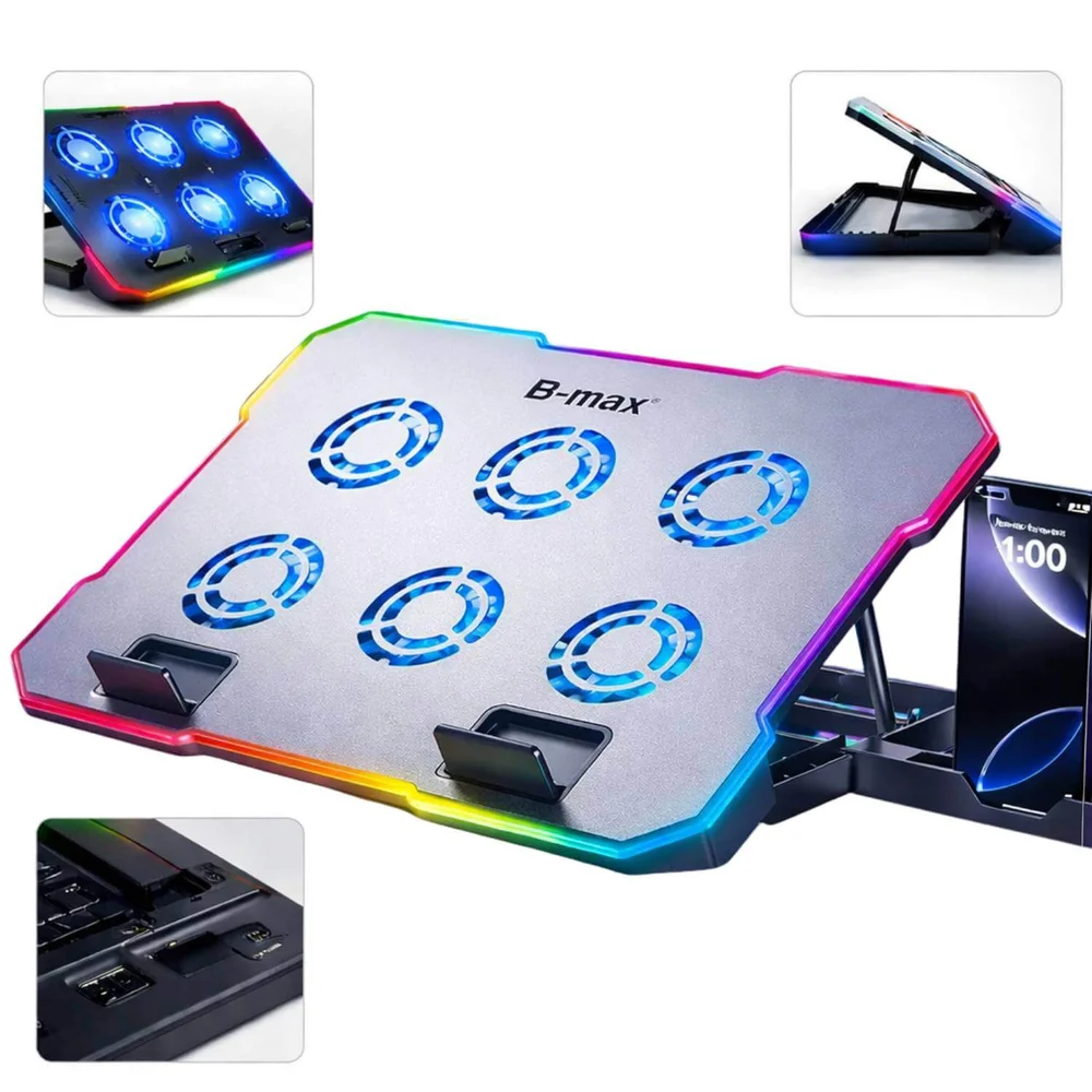 Imagem 3 de 5 do produto Cooler Para Notebook Até 17" Com 6 Ventoinhas RGB Suporte Para Celular E Usb