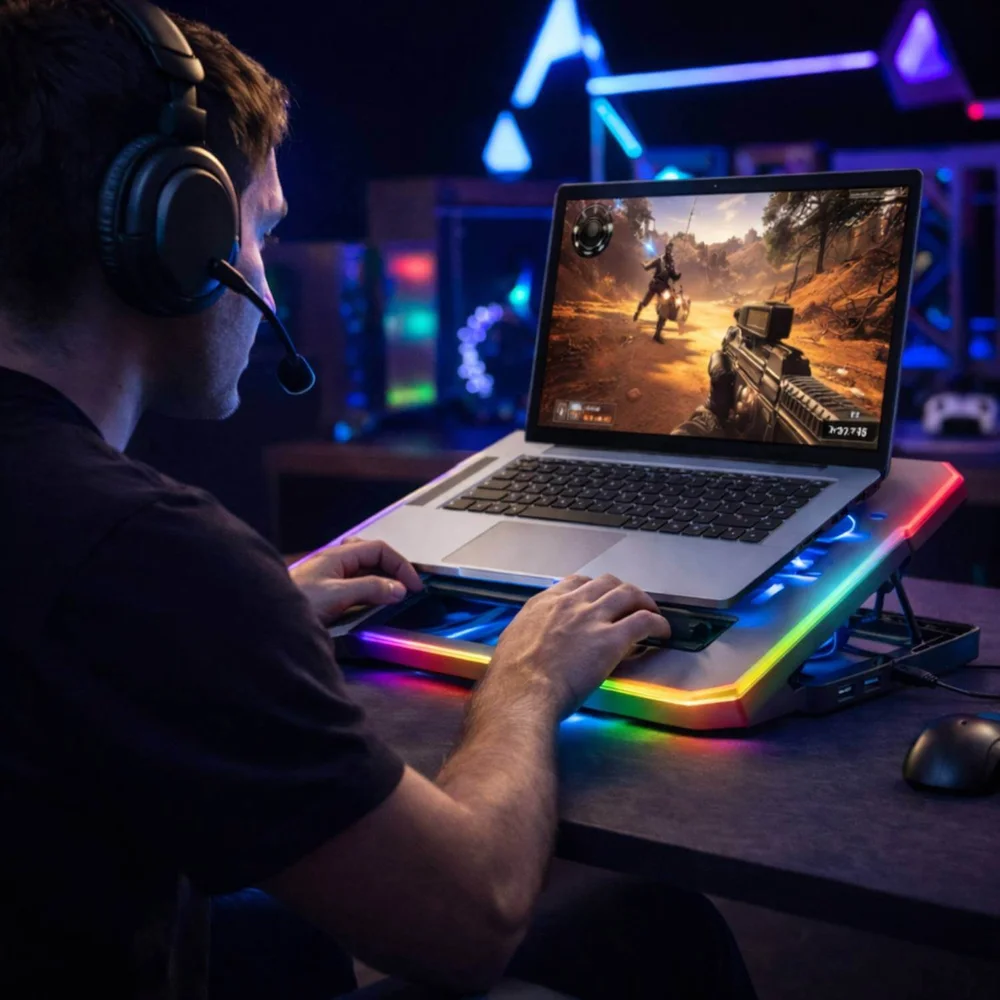 Imagem 4 de 5 do produto Cooler Para Notebook Até 17" Com 6 Ventoinhas RGB Suporte Para Celular E Usb