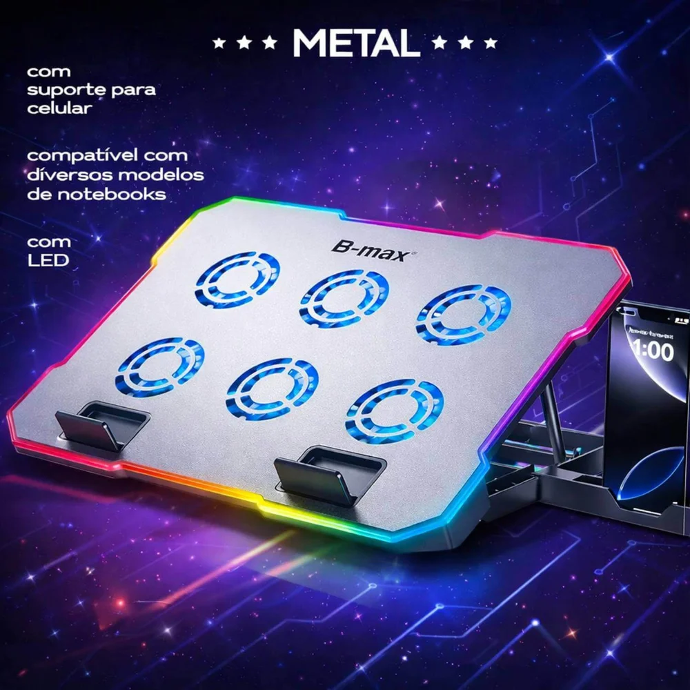 Imagem 5 de 5 do produto Cooler Para Notebook Até 17" Com 6 Ventoinhas RGB Suporte Para Celular E Usb