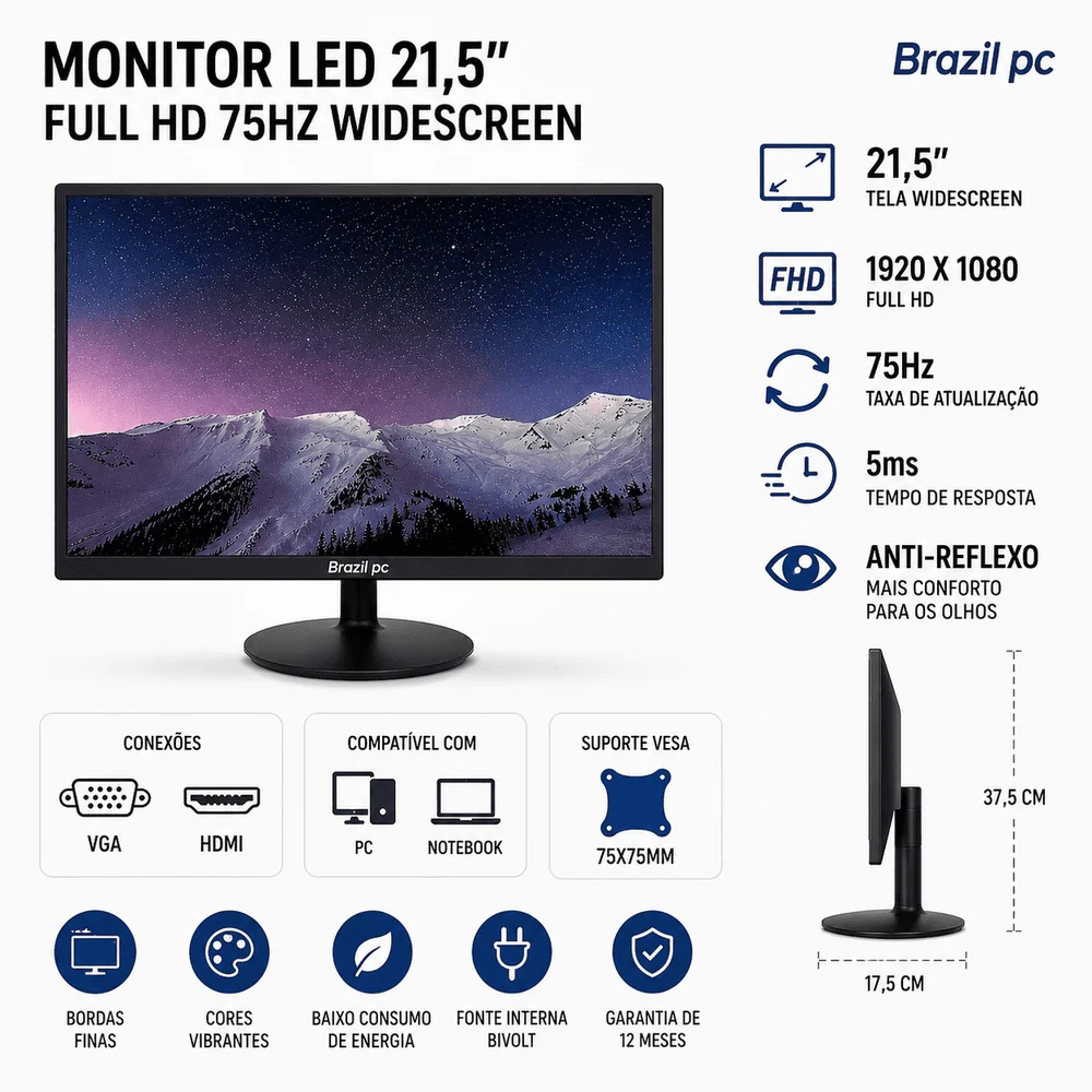 Monitor 21,5 Brazil PC Full Hd 75 Hz + Suporte De Parede Tri Articulado Para Monitor Monitor 21,5 Brazil PC Full Hd 75 Hz + Suporte De Parede Tri Articulado Para Monitor
