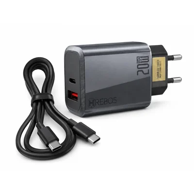 Kit Carregador Hrebos Premium Crg-264cc 20w Pd Maxion Charge Usb-c + Usb-c Com Cabo Tipo C 60w Super Fast Charge Preto