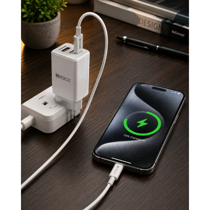 Imagem 2 de 4 do produto Kit Carregador Hrebos Premium Crg-154cc Power Turbo 20w Branco + Cabo Usb-c Para Usb-c | Carregador Rápido Power