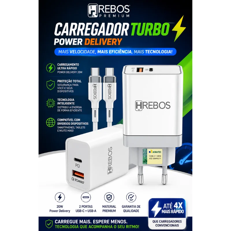 Imagem 3 de 4 do produto Kit Carregador Hrebos Premium Crg-154cc Power Turbo 20w Branco + Cabo Usb-c Para Usb-c | Carregador Rápido Power