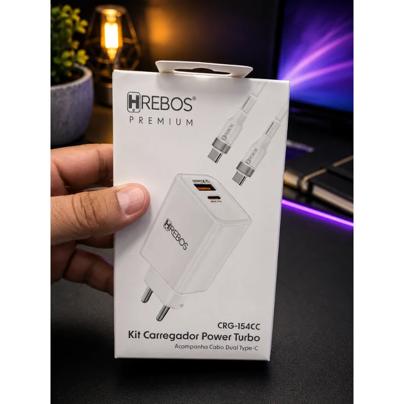 Imagem 4 de 4 do produto Kit Carregador Hrebos Premium Crg-154cc Power Turbo 20w Branco + Cabo Usb-c Para Usb-c | Carregador Rápido Power