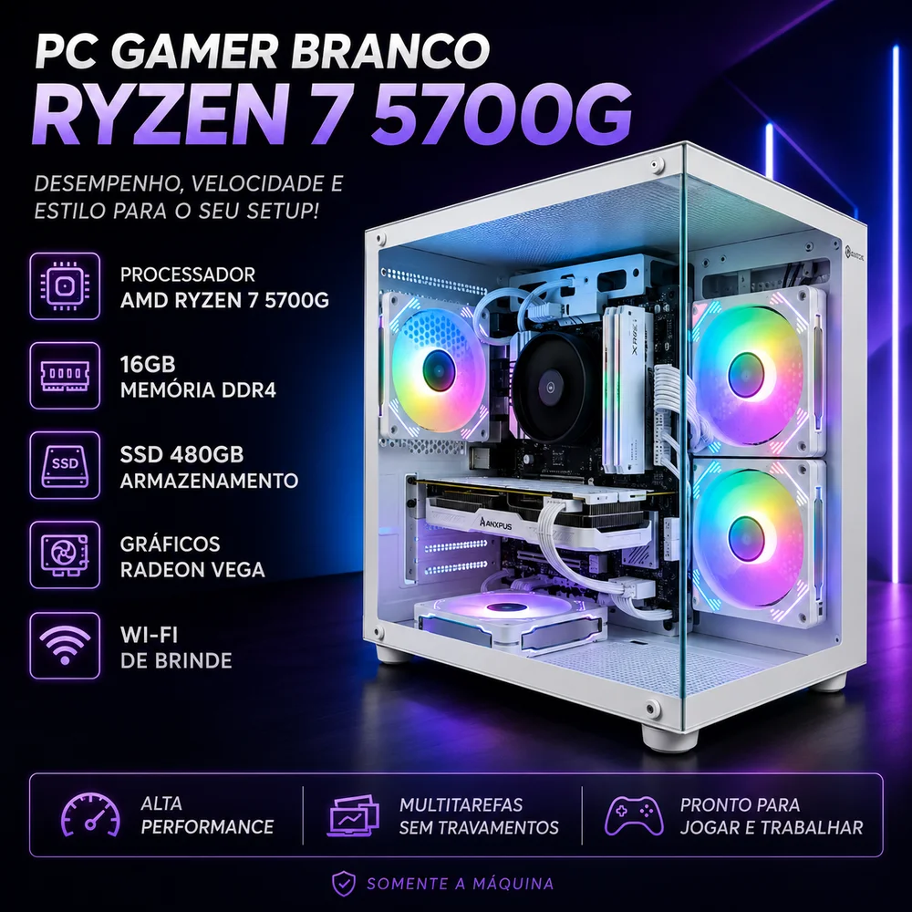 Gamer 1 - Ryzen 5700g, SSD 480GB, 16gb + Wifi - Aquario Branco - view 5