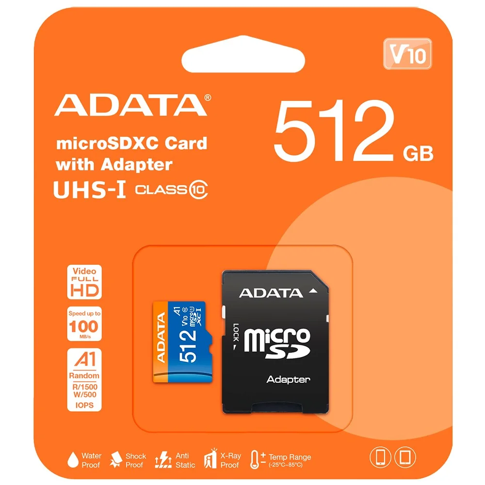 Cartão De Memória Microsd Adata V10 512gb Ausdx512guicl10a1-ra1 Classe 10 A1 Uhs-i Leitura 100mb/s Com Adaptador Sd