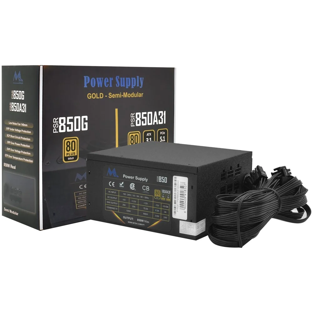 Fonte De Alimentação Mtek Psr850a31 850w Atx Semi Modular 80 Plus Gold Atx 3.1 PC Gamer Bivolt Silenciosa