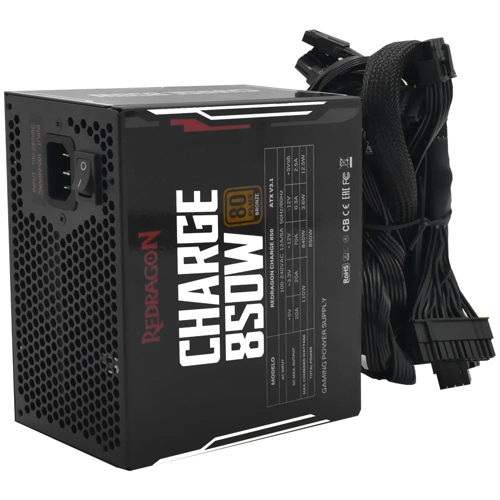 Imagem 3 de 3 do produto Fonte De Alimentação Redragon Charge Frc-850 850w Atx Não Modular 80 Plus Bronze Atx V3.1 Bivolt Silencioso Gaming PC