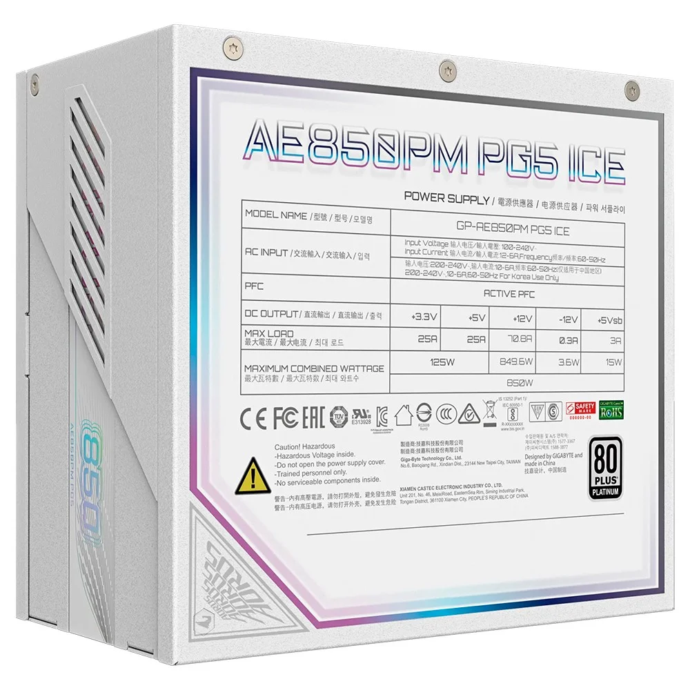 Imagem 2 de 3 do produto Fonte De Alimentação Gigabyte Aorus Elite Gp-ae850pm Pg5 Ice 850w Atx 3.1 / Modular / 80 Plus Platinum / Bivolt