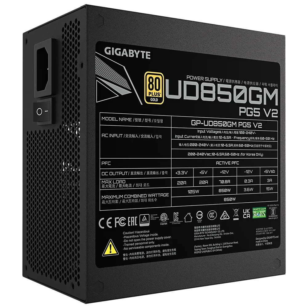 Imagem 3 de 3 do produto Fonte De Alimentação Gigabyte Gp-ud850gm Pg5 V2 850w Atx Modular 80 Plus Gold Atx 3.1 PCie 5.0 Bivolt Preto
