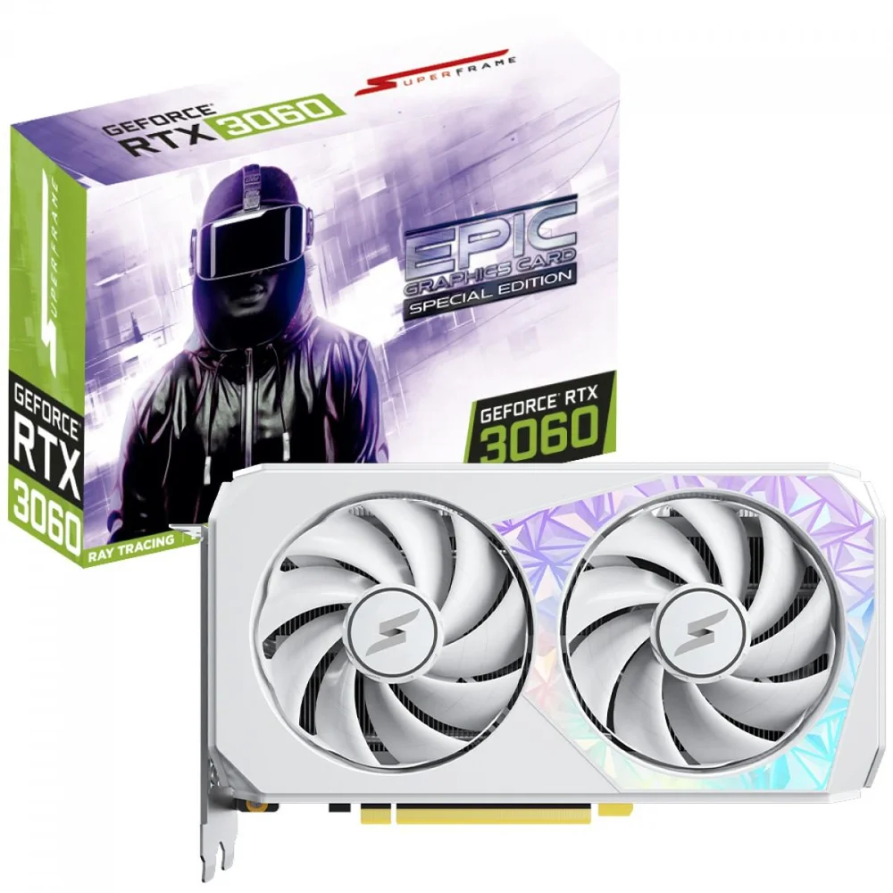 Placa De Vídeo Superframe Nvidia Geforce RTX 3060 Epic Especial Edition, White, 12gb, Gddr6, Dlss, Ray Tracing, Sf-gc-epnv306012gd6 Placa De Vídeo Superframe Nvidia Geforce RTX 3060 Epic Especial Edition, White, 12gb, Gddr6, Dlss, Ray Tracing, Sf-gc-epnv306012gd6