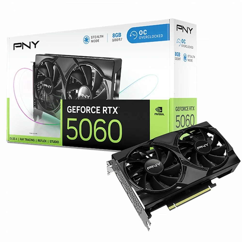 Placa De Vídeo Pny Nvidia Geforce RTX 5060 Dual Oc, 8GB, Gddr7, Dlss, Ray Tracing, Vcg50608dfxpb1-o Placa De Vídeo Pny Nvidia Geforce RTX 5060 Dual Oc, 8GB, Gddr7, Dlss, Ray Tracing, Vcg50608dfxpb1-o