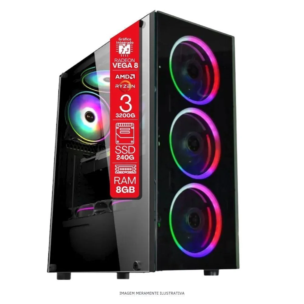 Computador PC Gamer Ryzen 3 3200g 8GB Ddr4 SSD 240GB Radeon Vega WINDOWS 11 Trial A320 Gabinete Gamer 3 Fans