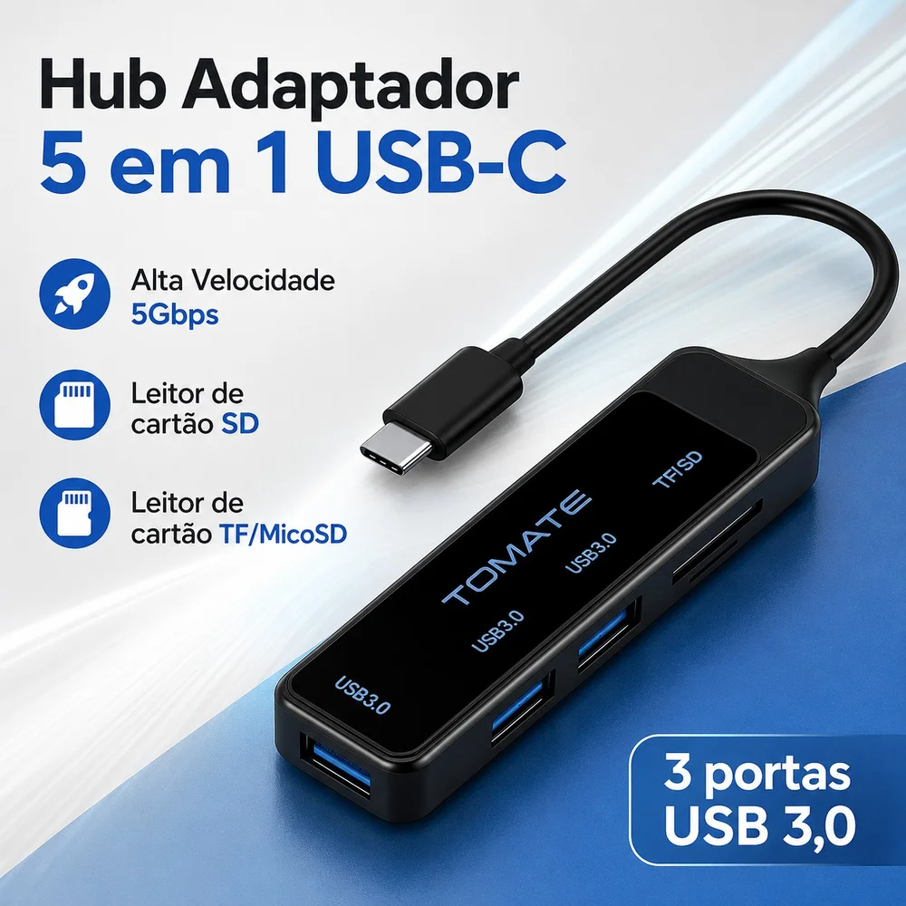 Imagem 2 de 5 do produto Hub Adaptador 5x1 Usb-c Tomate Mtv-742 Usb 3.0 5gbps Tf Sd