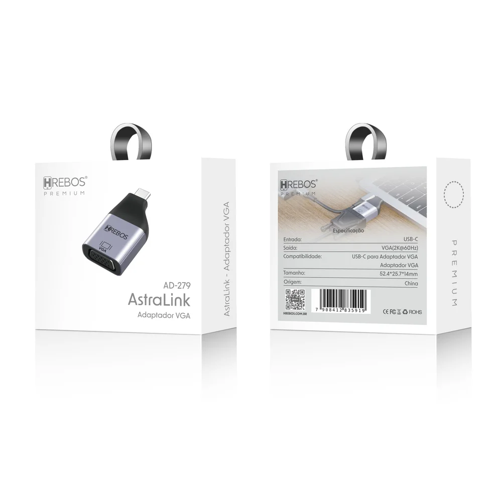 Imagem 5 de 5 do produto Adaptador Usb-c Para Vga 2k 60hz Hrebos Premium Astralink