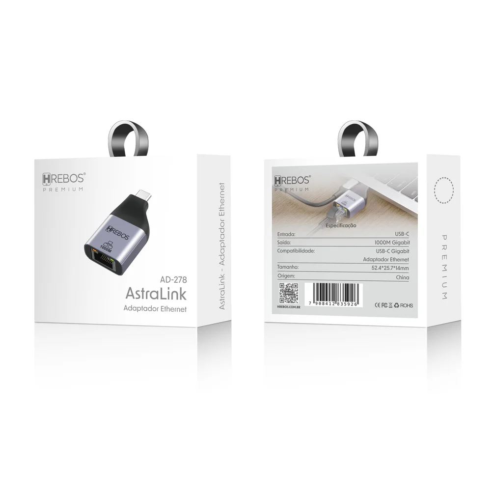 Imagem 5 de 5 do produto Adaptador Ethernet Usb-c Gigabit Hrebos Premium Astralink Ad-278