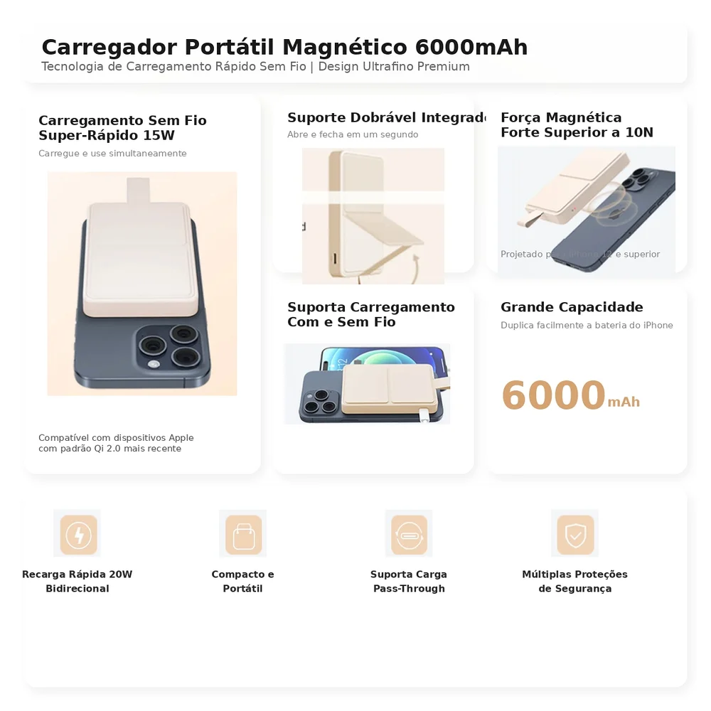 Imagem 4 de 5 do produto Carregador Power Bank Magnético Xiaomi 6000 15w Portátil Com Suporte - Cor: Bege