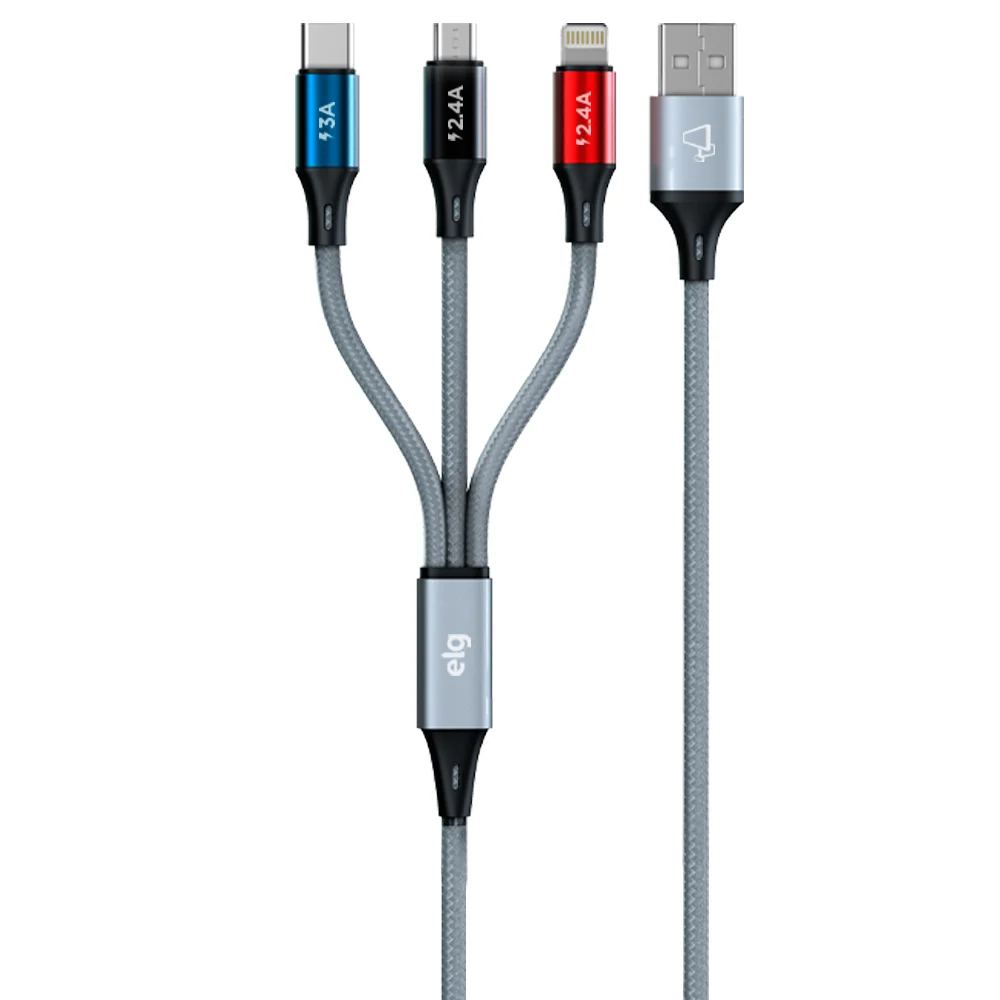 Imagem 1 de 5 do produto Cabo 3 Em 1 Lightning Tipo-c E Micro Usb, Carga Rápida 15w 3a, Nylon Trançado, 1,2 Metros, Cinza, Cs-31cz, Elg