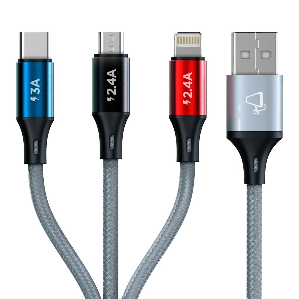 Imagem 4 de 5 do produto Cabo 3 Em 1 Lightning Tipo-c E Micro Usb, Carga Rápida 15w 3a, Nylon Trançado, 1,2 Metros, Cinza, Cs-31cz, Elg