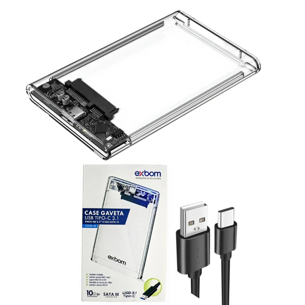 Case Hd Externo Tipo C Exbom Cghd-40 Transparente USB 3.1  Case Gaveta HD/SSd 2.5" Ultra Rápido Slim