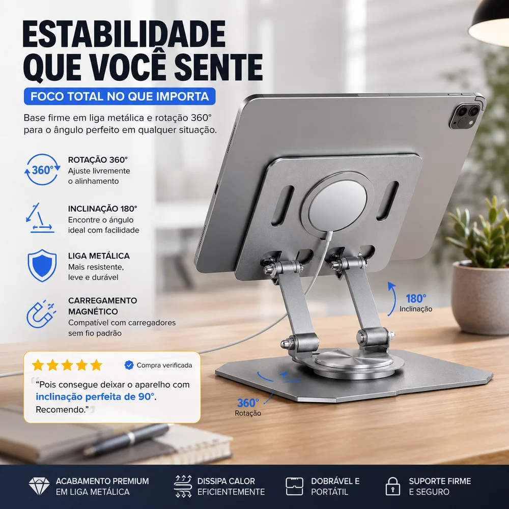 Imagem 2 de 5 do produto Suporte Celular Ipad E Tablet Galaxy Tab Alumínio Giratório Com Carregador Magnético Cor:prata