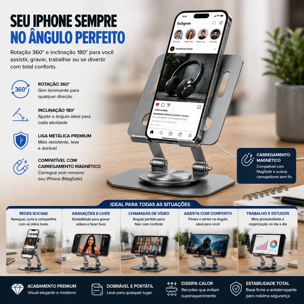 Imagem 3 de 5 do produto Suporte Celular Ipad E Tablet Galaxy Tab Alumínio Giratório Com Carregador Magnético Cor:prata