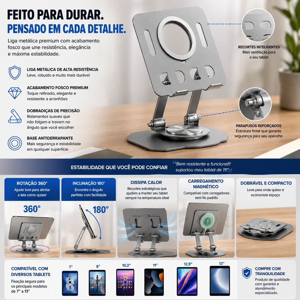 Imagem 4 de 5 do produto Suporte Celular Ipad E Tablet Galaxy Tab Alumínio Giratório Com Carregador Magnético Cor:prata