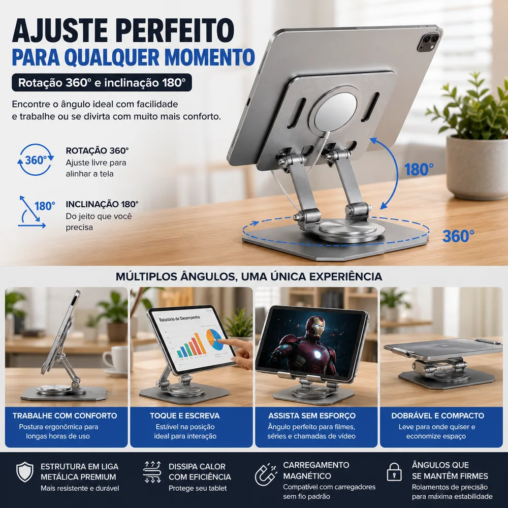 Imagem 5 de 5 do produto Suporte Celular Ipad E Tablet Galaxy Tab Alumínio Giratório Com Carregador Magnético Cor:prata