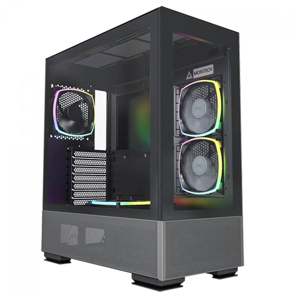 Gabinete Gamer Montech Sky Two, ARGB, Mid Tower, Vidro Temperado, Atx, Black, Sem Fonte, Com 4 Fans
