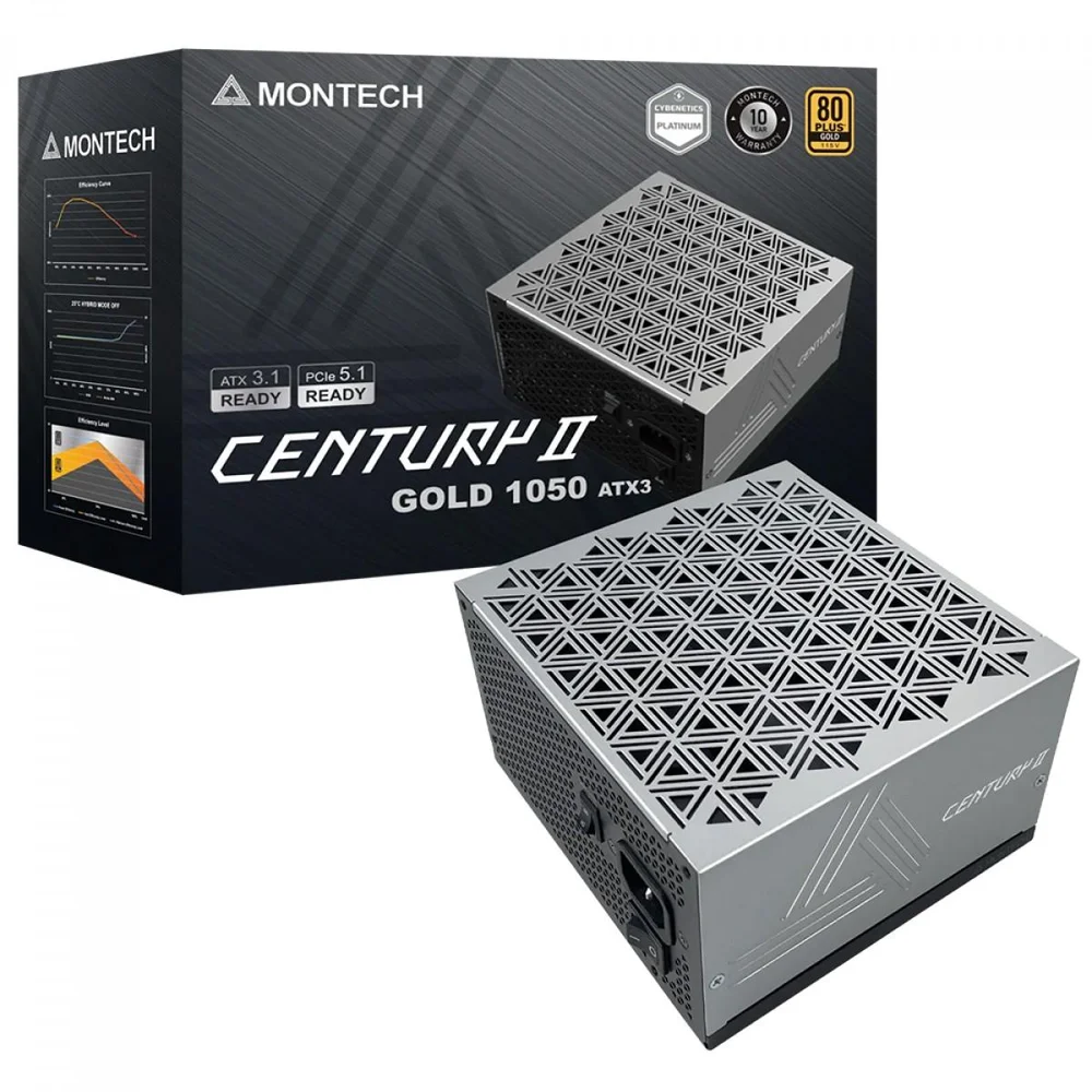 Fonte Montech Century Ii 1050w, 80 Plus Gold, Cybenetics Platinum, PCie 5.1, Pfc Ativo, Full Modular, Cinza