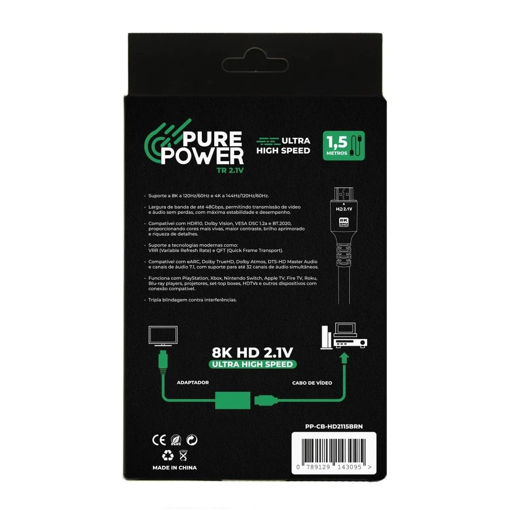 Imagem 3 de 5 do produto Cabo HDMI Pure Power Tr 2.1v, 8k Ultra High Speed, 1,5m, Preto, Pp-cb-hd2115brn