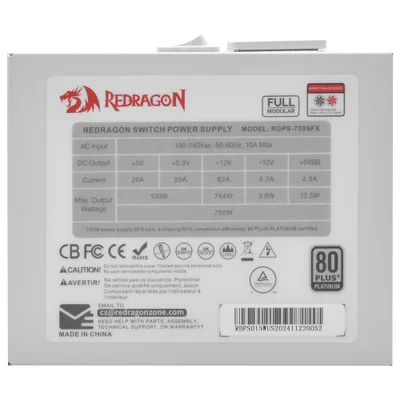 Fonte De Alimentação Redragon Gc-ps015w 750w Sfx Modular 80 Plus Platinum Pfc Ativo Branco Silencioso Bivolt