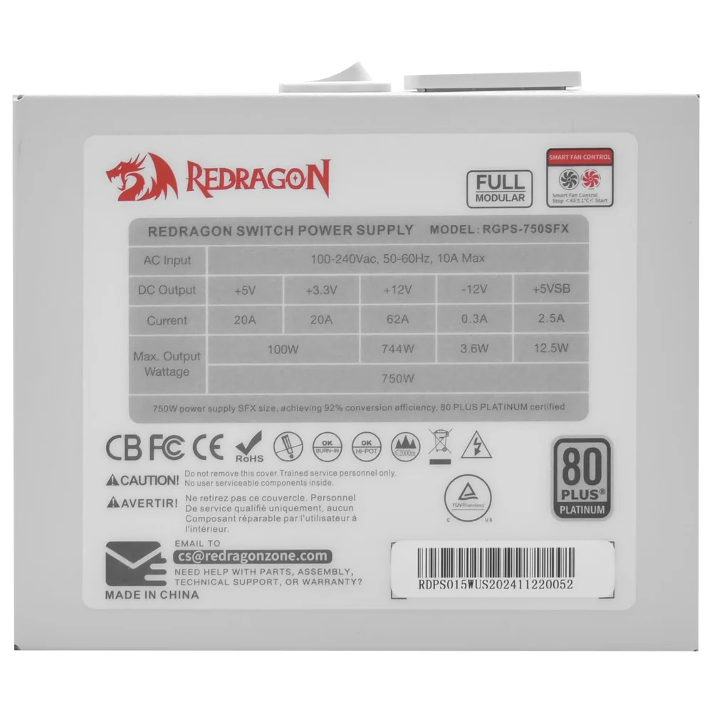 Fonte De Alimentação Redragon Gc-ps015w 750w Sfx Modular 80 Plus Platinum Pfc Ativo Branco Silencioso Bivolt