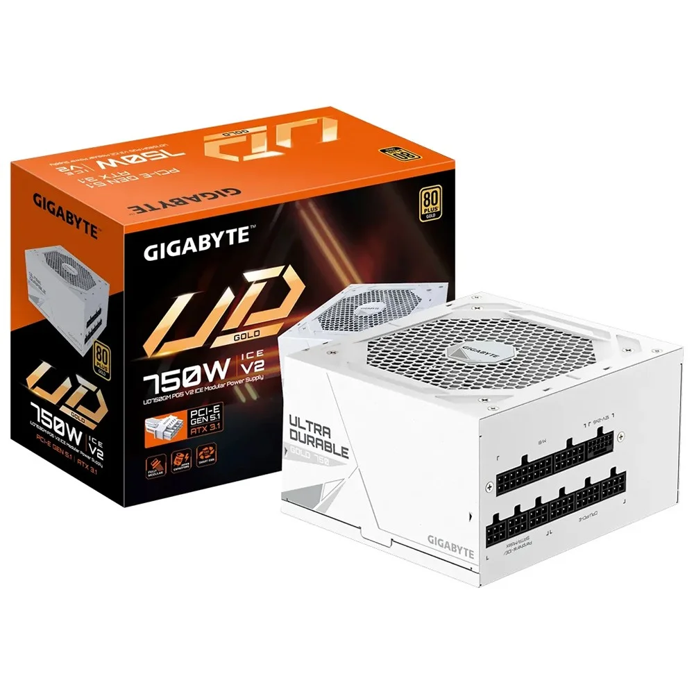 Imagem 2 de 3 do produto Fonte De Alimentação Gigabyte Gp-ud750gm Pg5 Ice V2 750w 80 Plus Gold Atx 3.1 Modular Branco PCie 5.0 Pfc Ativo