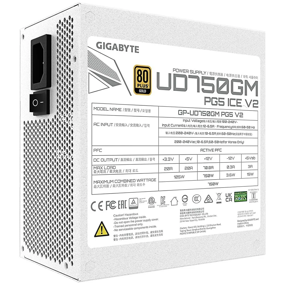 Imagem 3 de 3 do produto Fonte De Alimentação Gigabyte Gp-ud750gm Pg5 Ice V2 750w 80 Plus Gold Atx 3.1 Modular Branco PCie 5.0 Pfc Ativo