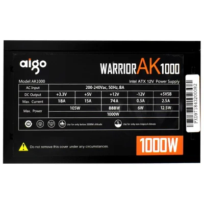 Fonte De Alimentação Aigo Warrior Ak1000 1000w Atx Não Modular 80 Plus Pfc Ativo Silenciosa Cooler 120mm Preta