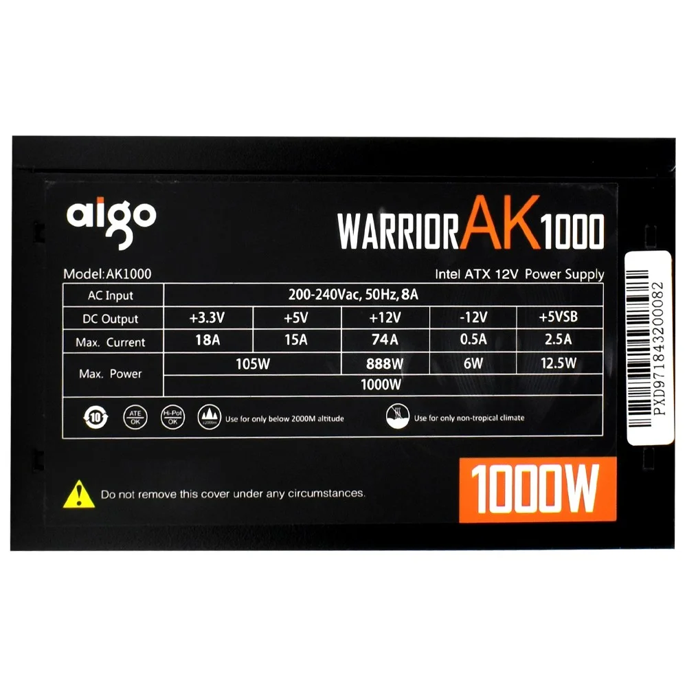 Fonte De Alimentação Aigo Warrior Ak1000 1000w Atx Não Modular 80 Plus Pfc Ativo Silenciosa Cooler 120mm Preta Fonte De Alimentação Aigo Warrior Ak1000 1000w Atx Não Modular 80 Plus Pfc Ativo Silenciosa Cooler 120mm Preta