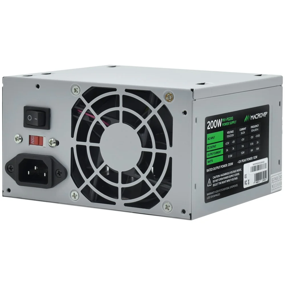 Imagem 2 de 3 do produto Fonte De Alimentação Macrovip Mv-ps200 200w Atx Bivolt Manual Cooler Silencioso 80mm Conectores Sata P4 PC Desktop