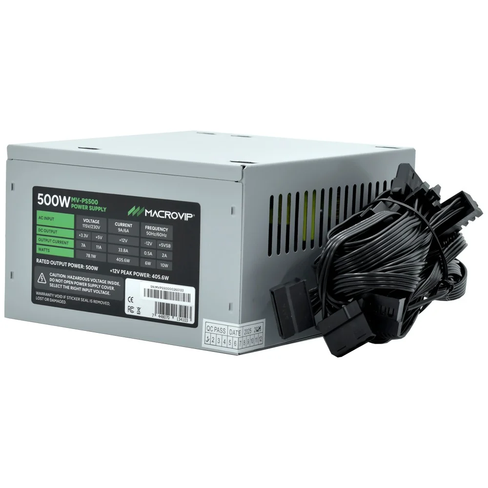 Imagem 2 de 3 do produto Fonte De Alimentação Macrovip Mv-ps500 500w Atx Bivolt Silenciosa Cooler 120mm Cabo De Força PC Gamer Escritório