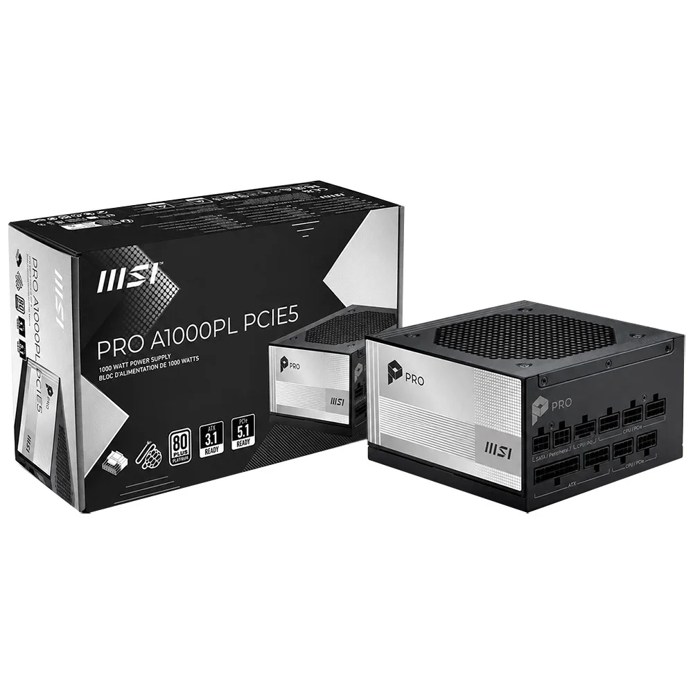 Fonte De Alimentação Msi Pro A1000pl 1000w Atx Modular 80 Plus Platinum Atx 3.1 PCie 5.1 Bivolt Preto