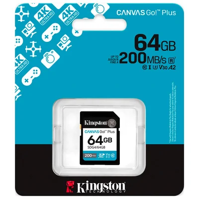 Cartão De Memória Kingston Canvas Go Plus Sdg4/64gb Sdxc 64gb Uhs-i U3 V30 A2 4k 170mb/s Leitura Alta Velocidade Câmera
