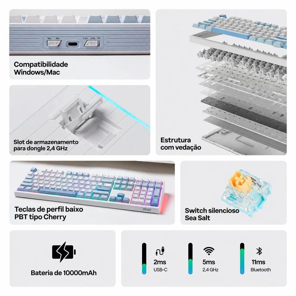 Imagem 5 de 5 do produto Teclado Sem Fio Epomaker Th108 Bateria 10000mah Gasket Mount