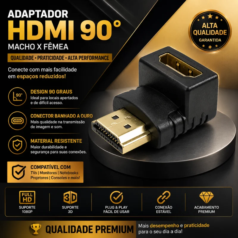 Imagem 2 de 4 do produto Adaptador HDMI 90 Graus Em L Macho X Fêmea HDMI 1.4 Conector Banhado A Ouro | Ideal Para Tv Na Parede, Monitor, Projetor