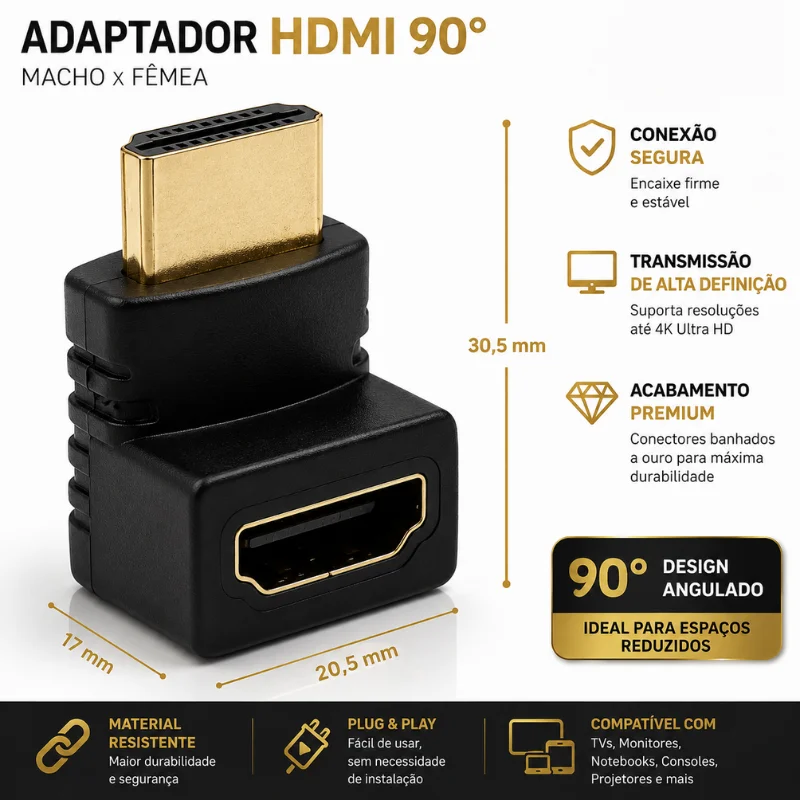 Imagem 3 de 4 do produto Adaptador HDMI 90 Graus Em L Macho X Fêmea HDMI 1.4 Conector Banhado A Ouro | Ideal Para Tv Na Parede, Monitor, Projetor