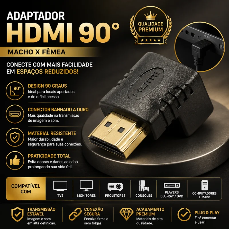 Imagem 4 de 4 do produto Adaptador HDMI 90 Graus Em L Macho X Fêmea HDMI 1.4 Conector Banhado A Ouro | Ideal Para Tv Na Parede, Monitor, Projetor