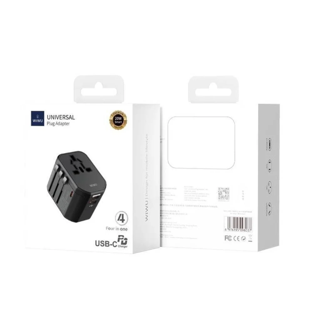 Adaptador Tomada Wiwu Universal 20w 2x Usb C 110-240v Preto 8044